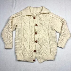 Vintage Hand-Knit Wool Cardigan Ivory XS Boyfriend Fisherman Aran Buttons